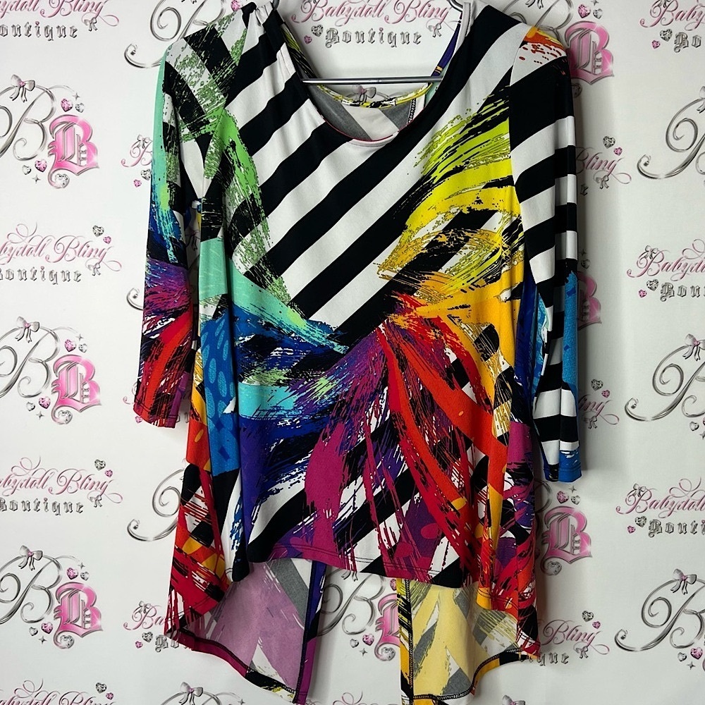 Long sleeve asymmetrical shirt floral stripes Colorful Striped Women's Top